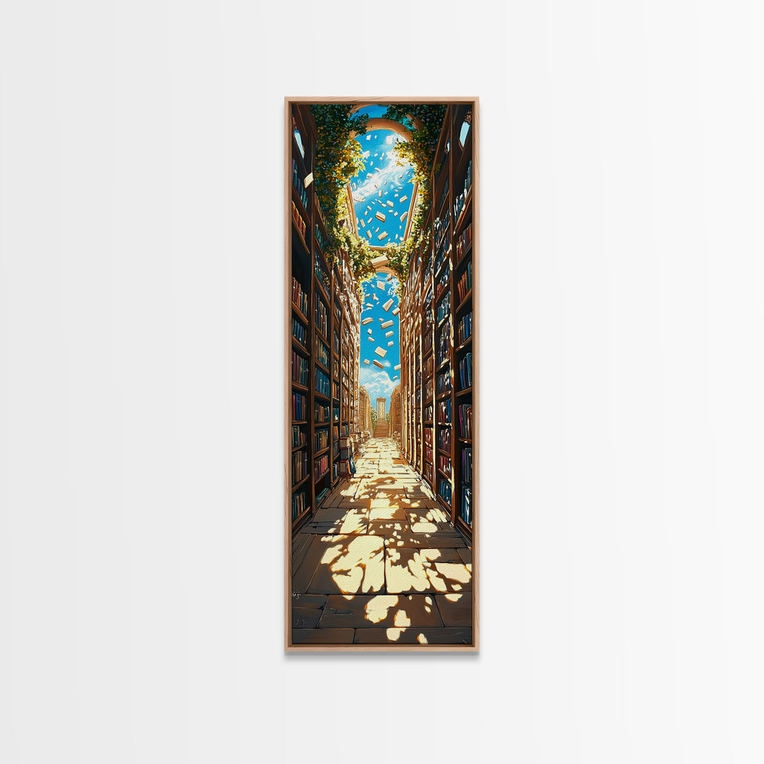 Sunlit Ivy Library Aisle With Floating Books Canvas Print, Bookish Wall Decor, Cozy Reading Nook, Fantasy Home Decor Gift