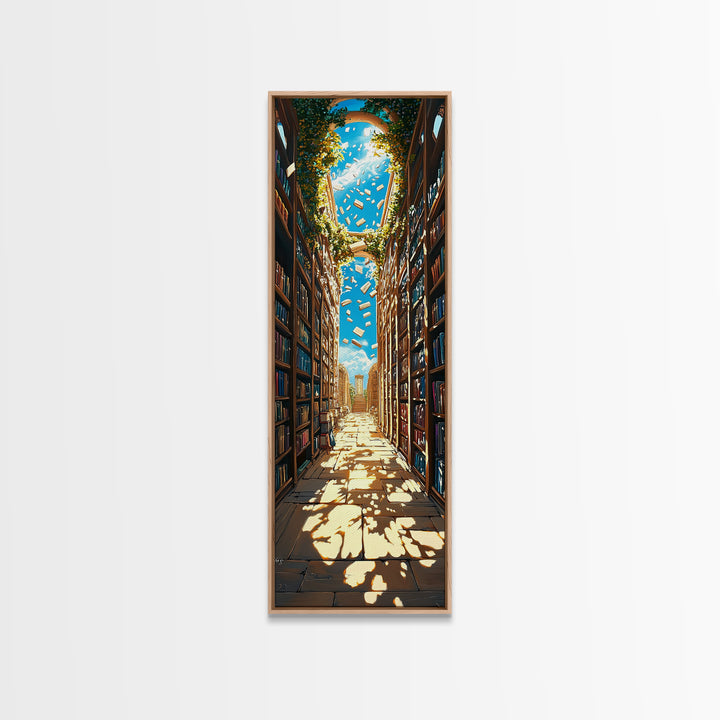Sunlit Ivy Library Aisle With Floating Books Canvas Print, Bookish Wall Decor, Cozy Reading Nook, Fantasy Home Decor Gift