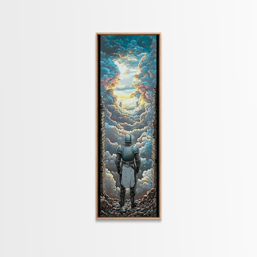 Armored Knight Before Radiant Cloud Portal Wall Art, Fantasy Castle Decor, Medieval Artwork, Inspirational Home Decor Gift