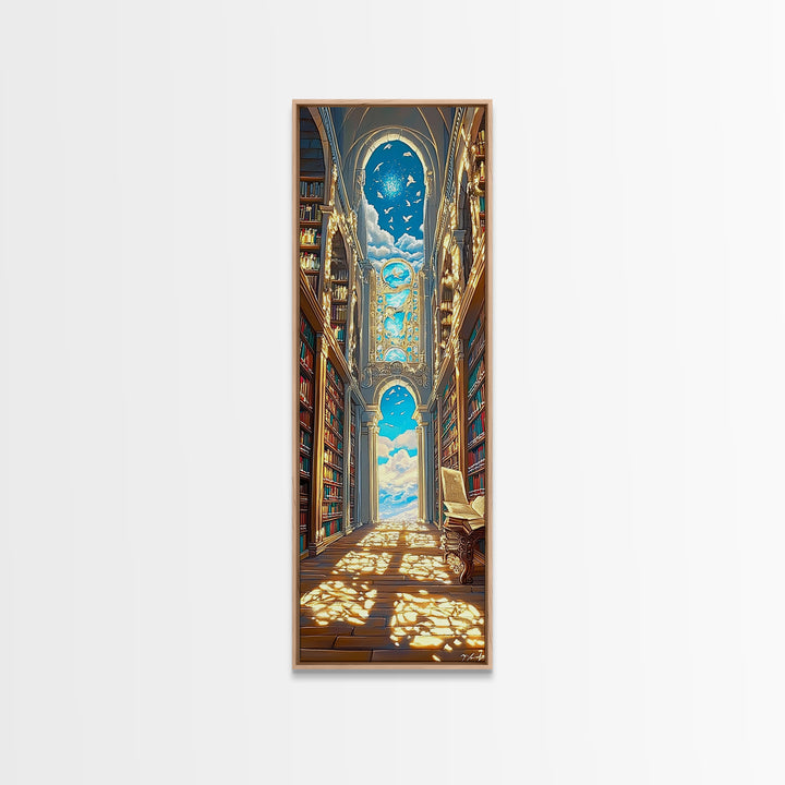 Grand Sunlit Library Hall With Celestial Blue Ceiling Framed Canvas Print, Bookish Wall Decor, Dark Academia Home Gift Decor