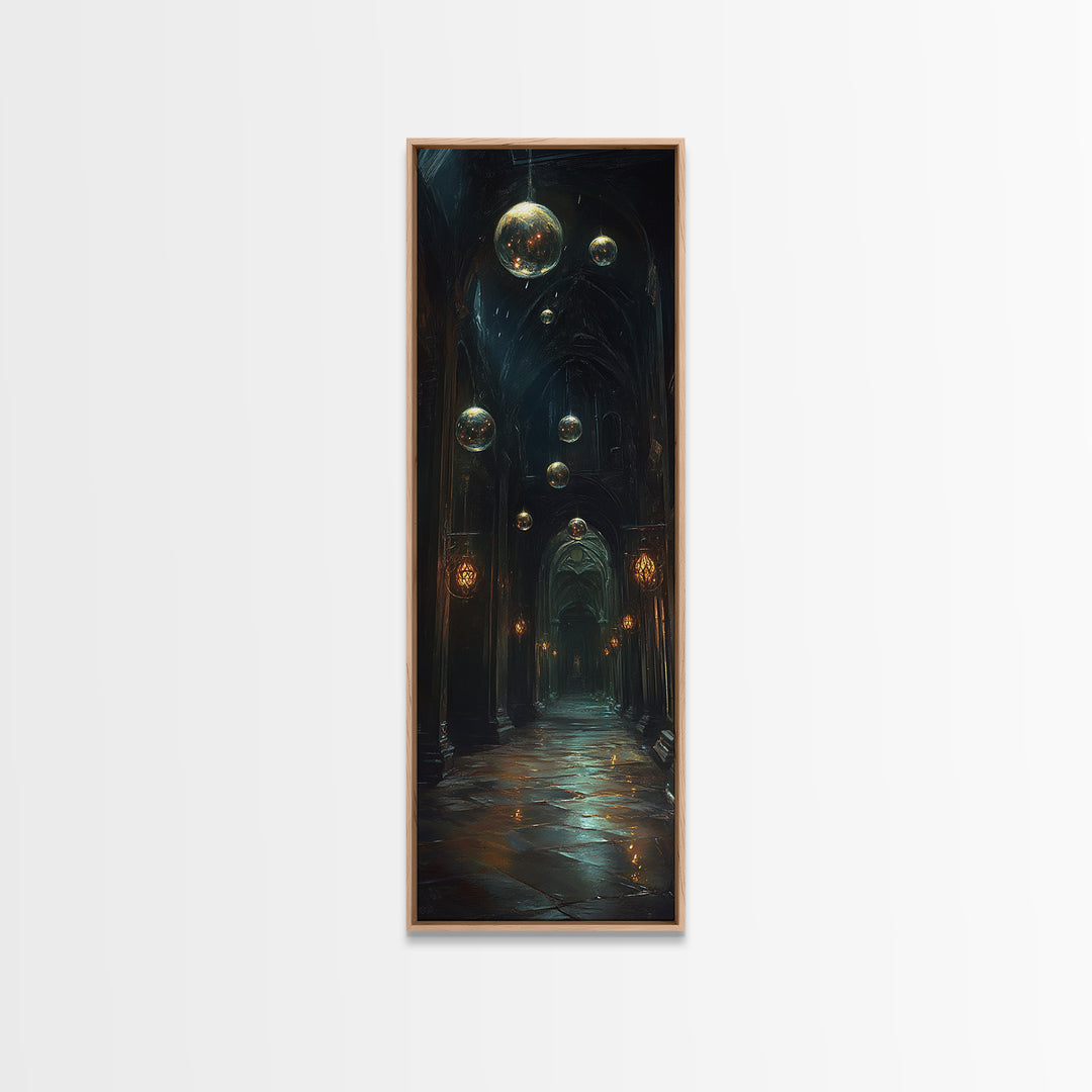 Dark Gothic Hall With Floating Celestial Orbs Canvas Print, Moody Wall Decor, Dark Academia Art, Fantasy Home Gift Office Decor