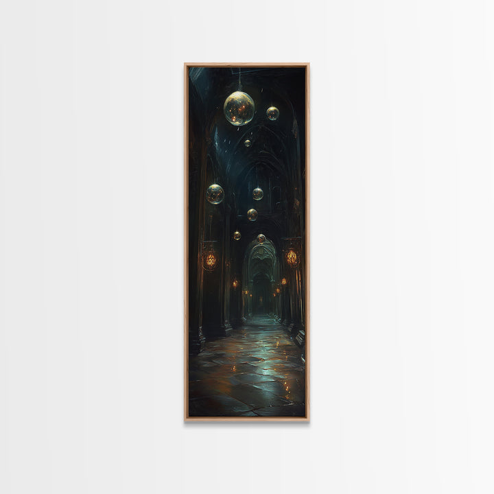Dark Gothic Hall With Floating Celestial Orbs Canvas Print, Moody Wall Decor, Dark Academia Art, Fantasy Home Gift Office Decor
