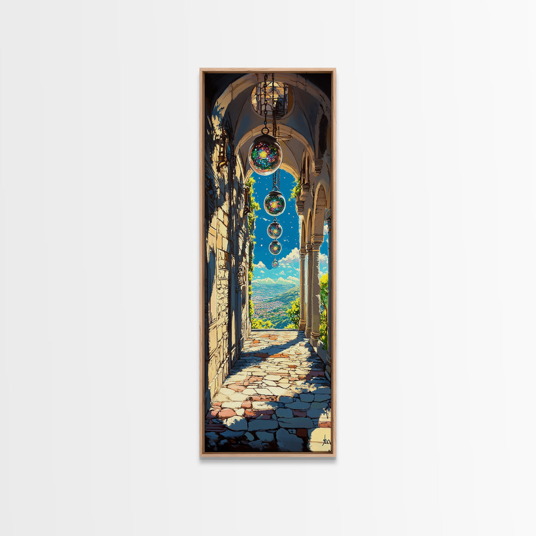 Sunlit Stone Archway With Floating Orbs, Mountain Valley Wall Art, Fantasy Landscape Canvas, Mediterranean Home Decor Print