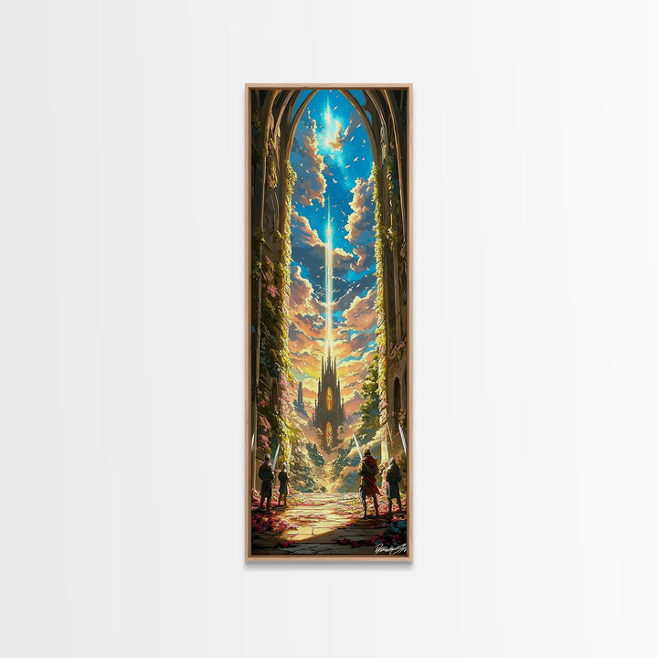 Celestial Cathedral Portal With Radiant Sky Beam Canvas Print, Fantasy Castle Wall Art, Magical Landscape Home Decor Gift For Her