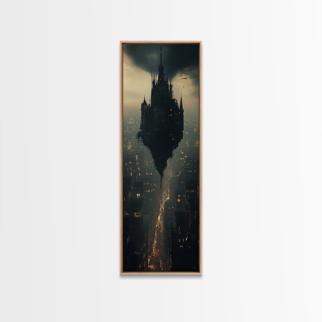 Dark Floating Citadel Above Dystopian City Wall Art, Gothic Castle Canvas Print, Sci Fi Fantasy Office Decor Gift For Him