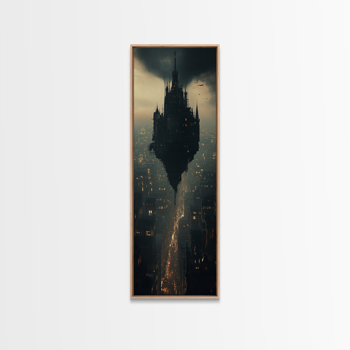 Dark Floating Citadel Above Dystopian City Wall Art, Gothic Castle Canvas Print, Sci Fi Fantasy Office Decor Gift For Him