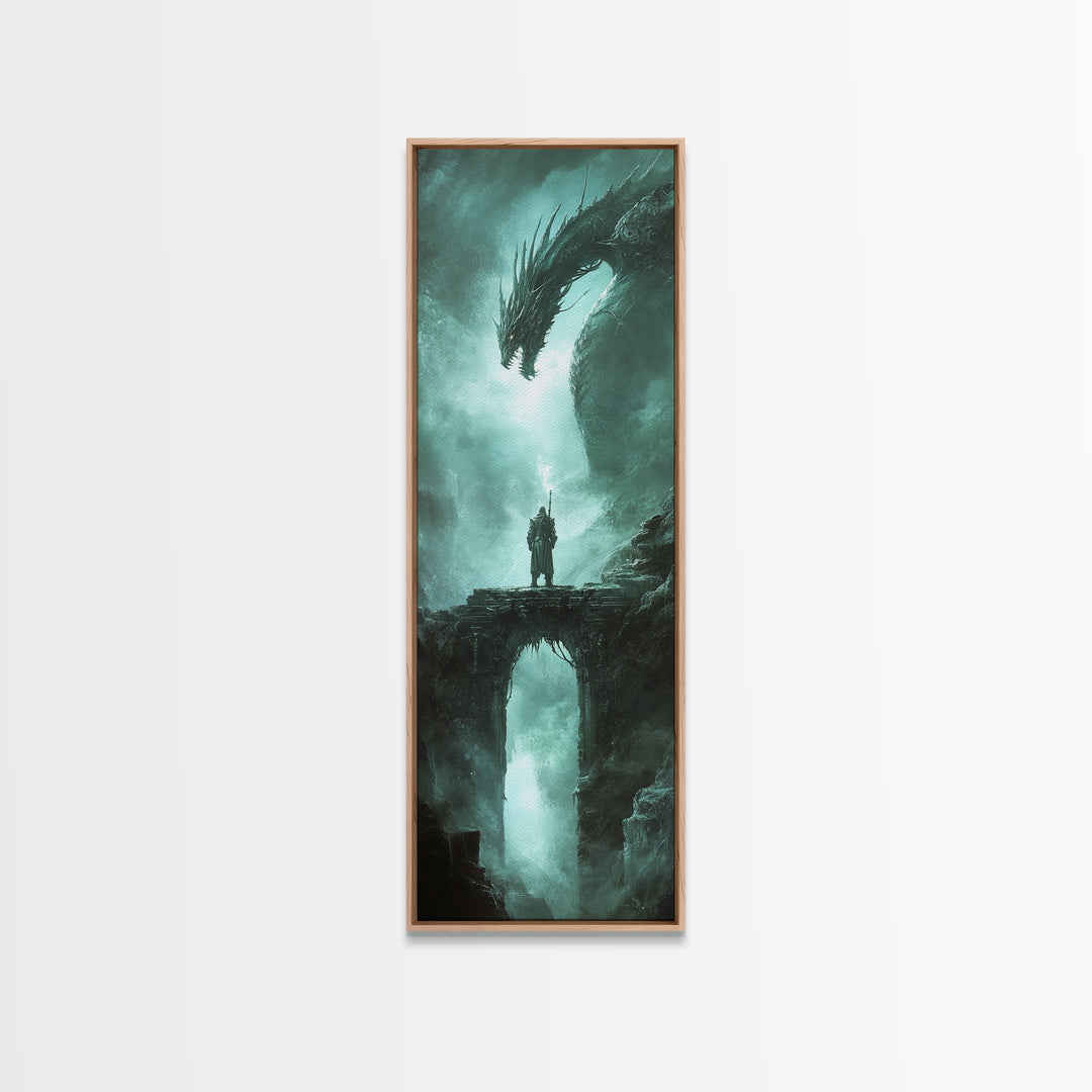 Lone Knight Facing Ancient Dragon Canvas Print, Dark Fantasy Wall Art, Teal Green Gothic Adventure Home Decor Gift For Him