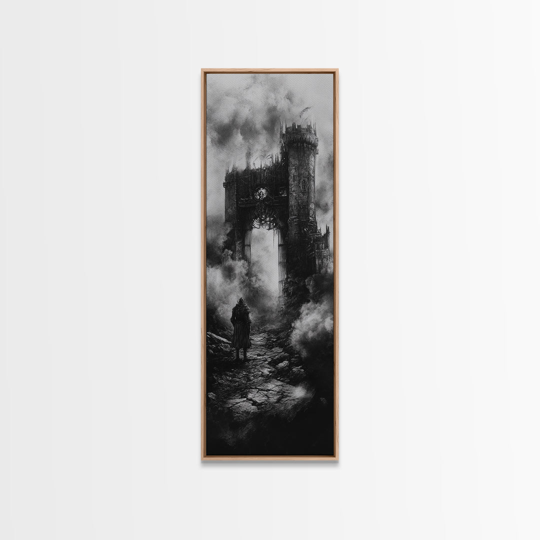 Black And White Gothic Ruin With Lone Wanderer Wall Art, Dark Academia Canvas Print, Moody Castle Home Decor Gift For Him