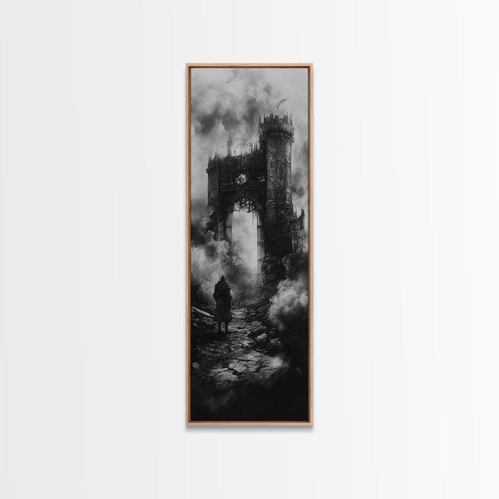 Black And White Gothic Ruin With Lone Wanderer Wall Art, Dark Academia Canvas Print, Moody Castle Home Decor Gift For Him