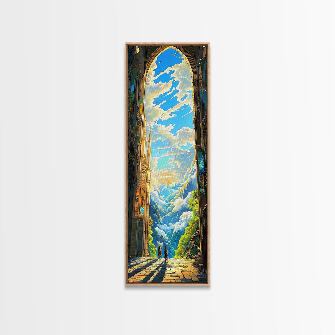 Golden Cathedral Arch Opening To Alpine Mountains Framed Canvas Print, Fantasy Landscape Wall Art, Bright Home Decor Gift