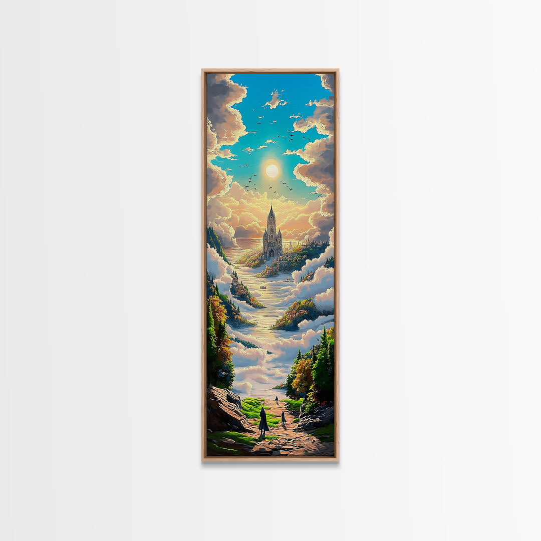 Castle In The Clouds Along Sunlit Valley Canvas Print, Dreamy Fantasy Landscape Wall Art, Whimsical Nursery Decor Gift For Her