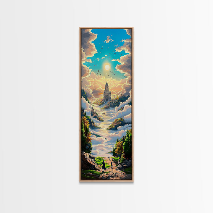 Castle In The Clouds Along Sunlit Valley Canvas Print, Dreamy Fantasy Landscape Wall Art, Whimsical Nursery Decor Gift For Her