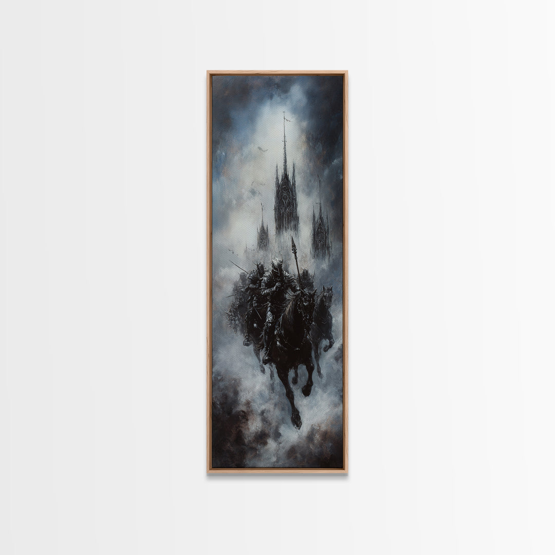 Gothic Floating Citadel And Shadow Knight Wall Art, Dark Fantasy Print, Black And White Art, Moody Medieval Decor For Living Room