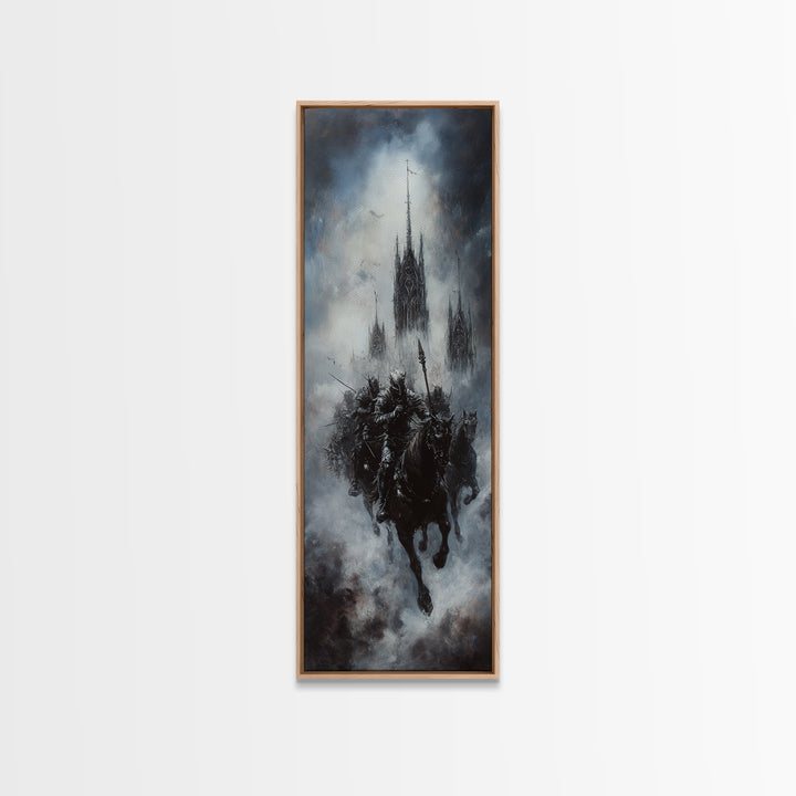 Gothic Floating Citadel And Shadow Knight Wall Art, Dark Fantasy Print, Black And White Art, Moody Medieval Decor For Living Room