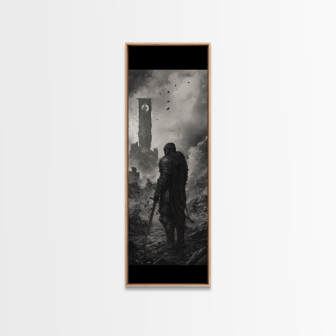 Black And White Lone Knight Near Ruined Tower Wall Art, Dark Fantasy Print, Medieval Landscape, Gothic Office Wall Decor
