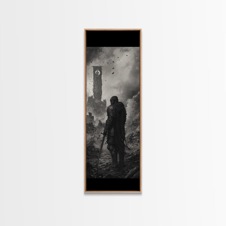 Black And White Lone Knight Near Ruined Tower Wall Art, Dark Fantasy Print, Medieval Landscape, Gothic Office Wall Decor