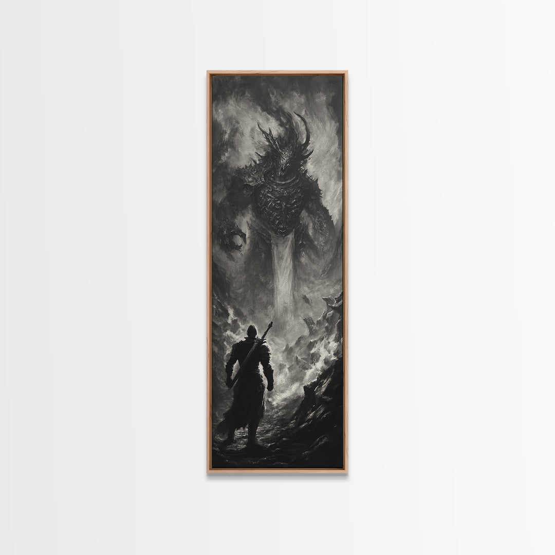 Monochrome Horned Demon Facing Warrior Framed Canvas Print, Dark Fantasy Wall Art, Gothic Black And White Art Decor For Office