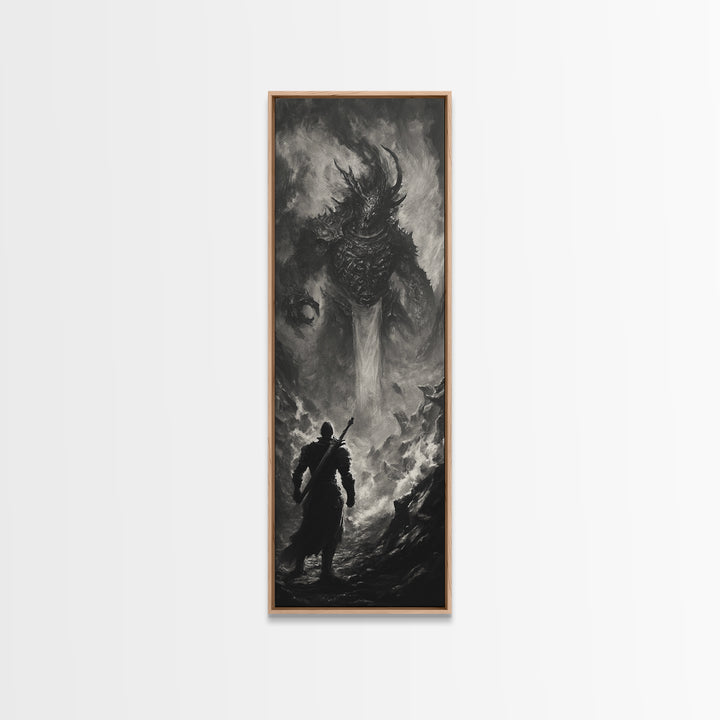 Monochrome Horned Demon Facing Warrior Framed Canvas Print, Dark Fantasy Wall Art, Gothic Black And White Art Decor For Office