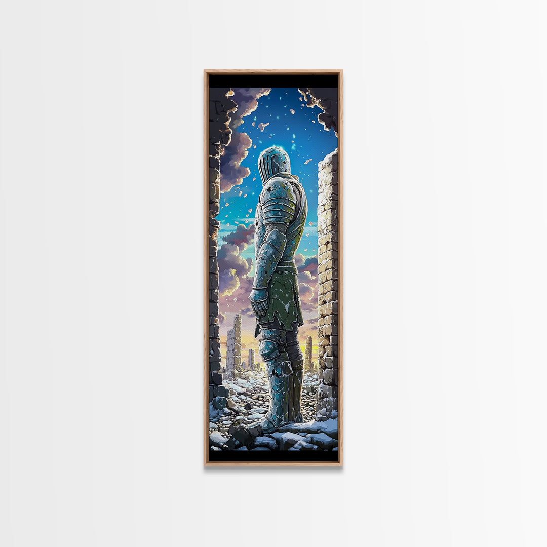 Snowy Armored Knight In Ruined Stone Gate Canvas Print, Fantasy Wall Art, Blue Winter Landscape, Medieval Home Wall Decor