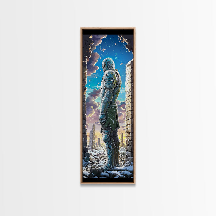 Snowy Armored Knight In Ruined Stone Gate Canvas Print, Fantasy Wall Art, Blue Winter Landscape, Medieval Home Wall Decor