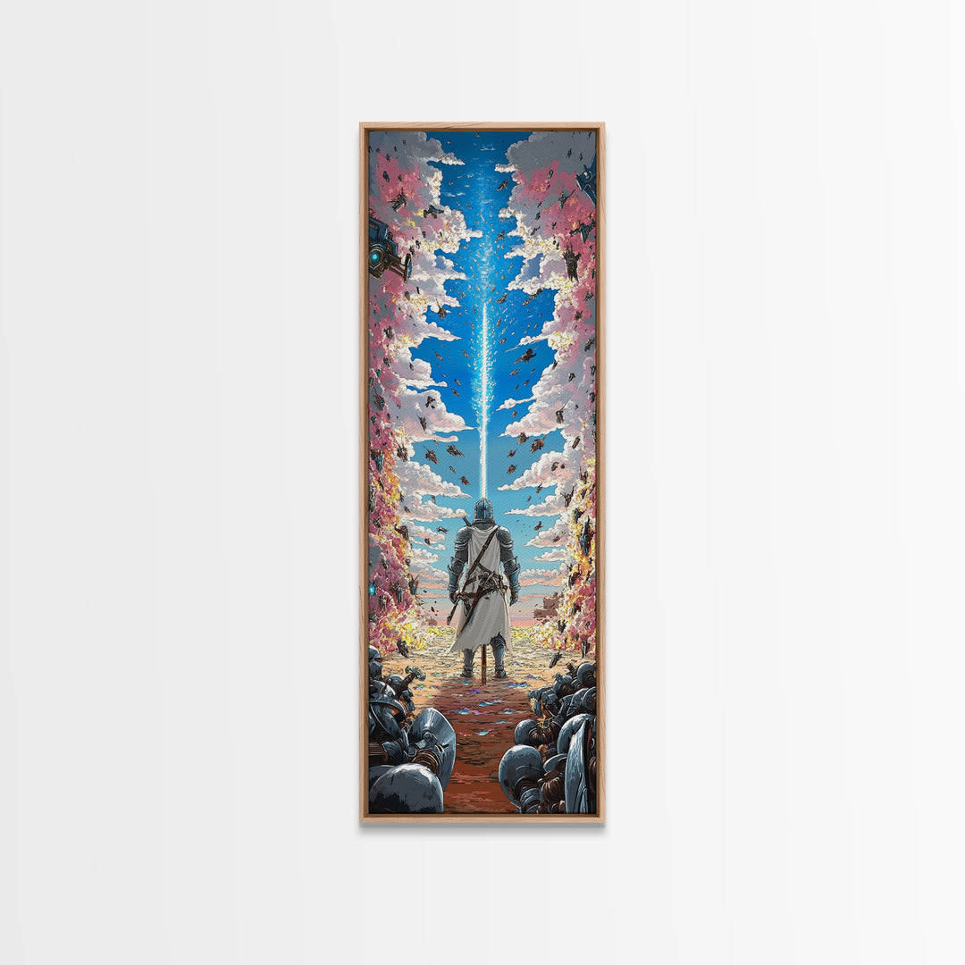 Silver Knight Beneath Celestial Blue Beam Wall Art, Epic Fantasy Print, Cherry Blossom Sky, Vibrant Gaming Room Wall Decor