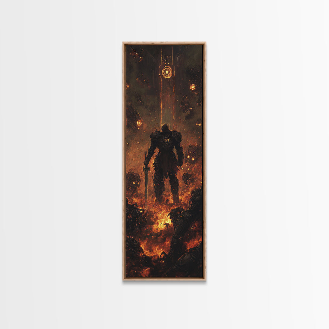 Ember Warrior In Fiery Ruins Framed Canvas Print, Dark Fantasy Wall Art, Gothic Dungeon Scene, Moody Game Room Wall Decor