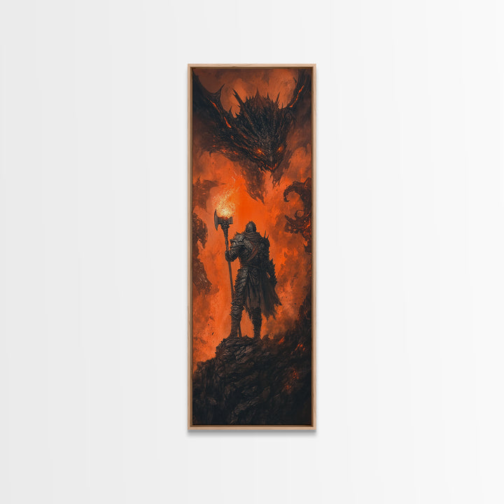 Torch Bearing Warrior Facing Dragon Canvas Print, Dark Fantasy Wall Art, Fire Dragon Art, Gothic Medieval Gaming Room Decor