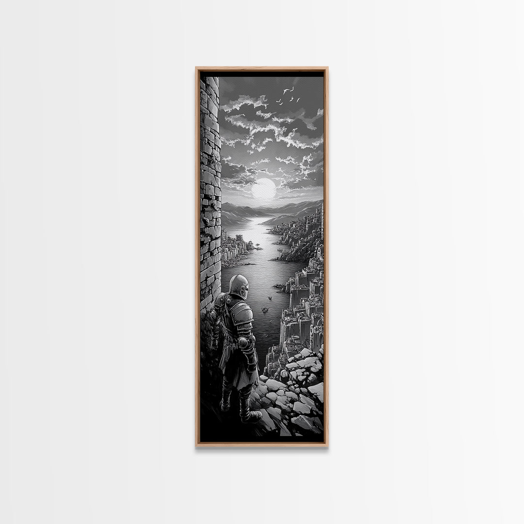 Black And White Knight Over Coastal City Wall Art, Medieval Seascape Print, Gothic Landscape, Fantasy Living Room Wall Decor