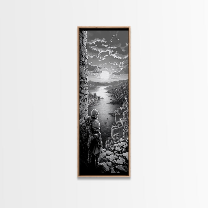 Black And White Knight Over Coastal City Wall Art, Medieval Seascape Print, Gothic Landscape, Fantasy Living Room Wall Decor