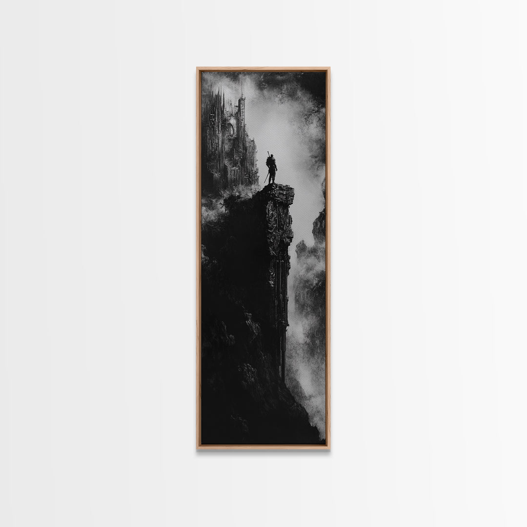 Lone Warrior On Gothic Cliff Wall Art, Dark Fantasy Castle Print, Black And White Canvas, Moody Medieval Decor, Fantasy Gift For Him