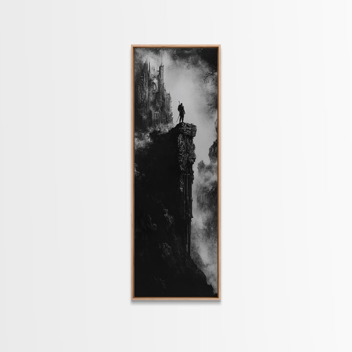 Lone Warrior On Gothic Cliff Wall Art, Dark Fantasy Castle Print, Black And White Canvas, Moody Medieval Decor, Fantasy Gift For Him