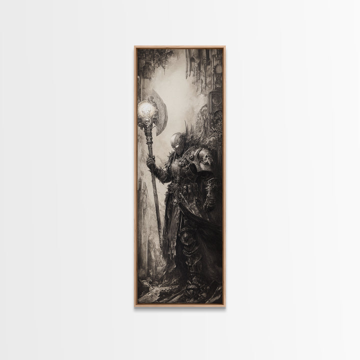 Armored Knight With Glowing Axe Framed Canvas Print, Gothic Fantasy Wall Art, Black And White Medieval Office Decor, Gift For Him