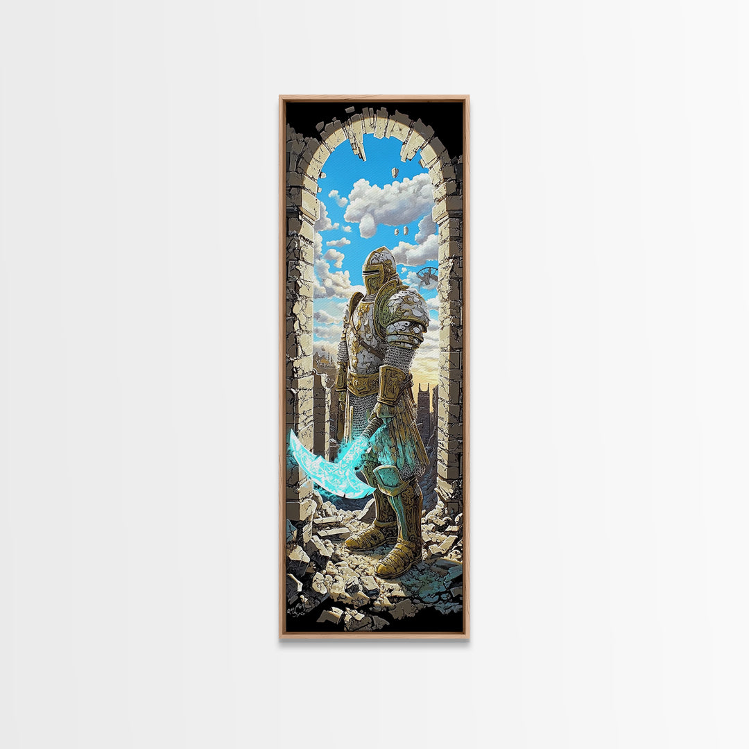 Golden Armored Knight In Ruined Arch Wall Art, Pixel Fantasy Canvas Print, Turquoise Sword Medieval Gamer Room Decor Gift