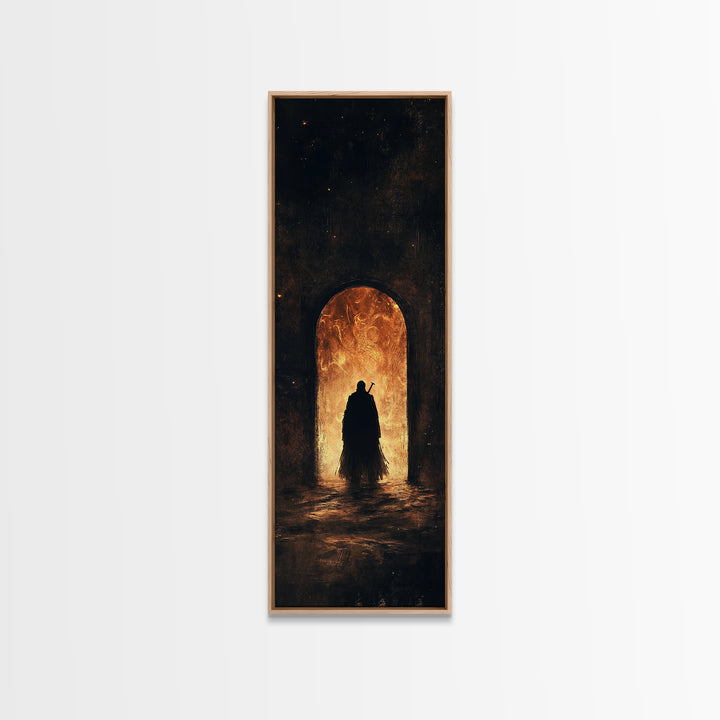Cloaked Figure Before Fiery Portal Wall Art, Dark Fantasy Canvas Print, Gothic Arch Decor, Moody Surreal Art Gift For Him