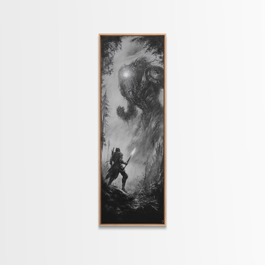 Warrior Facing Forest Giant Wall Art, Black And White Fantasy Canvas Print, Dark Surreal Creature Decor, Gothic Gift For Him