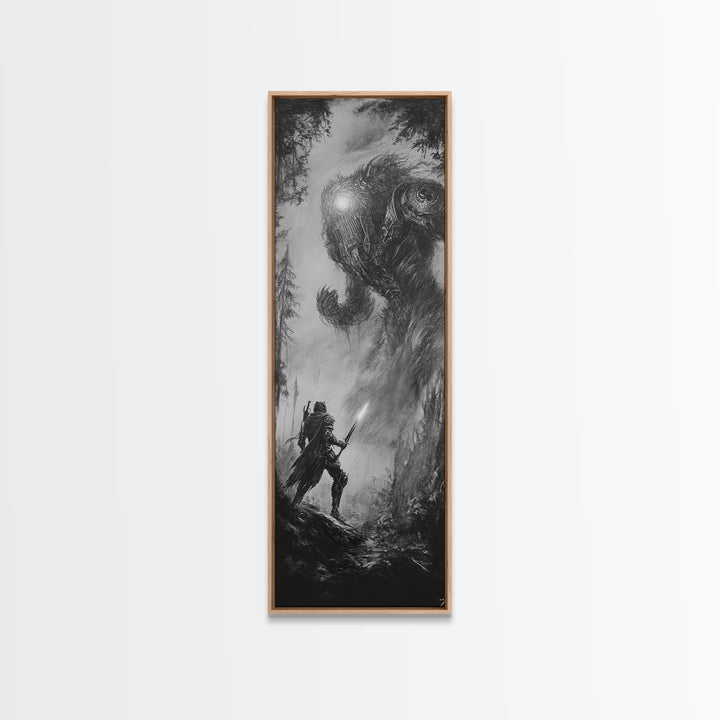 Warrior Facing Forest Giant Wall Art, Black And White Fantasy Canvas Print, Dark Surreal Creature Decor, Gothic Gift For Him