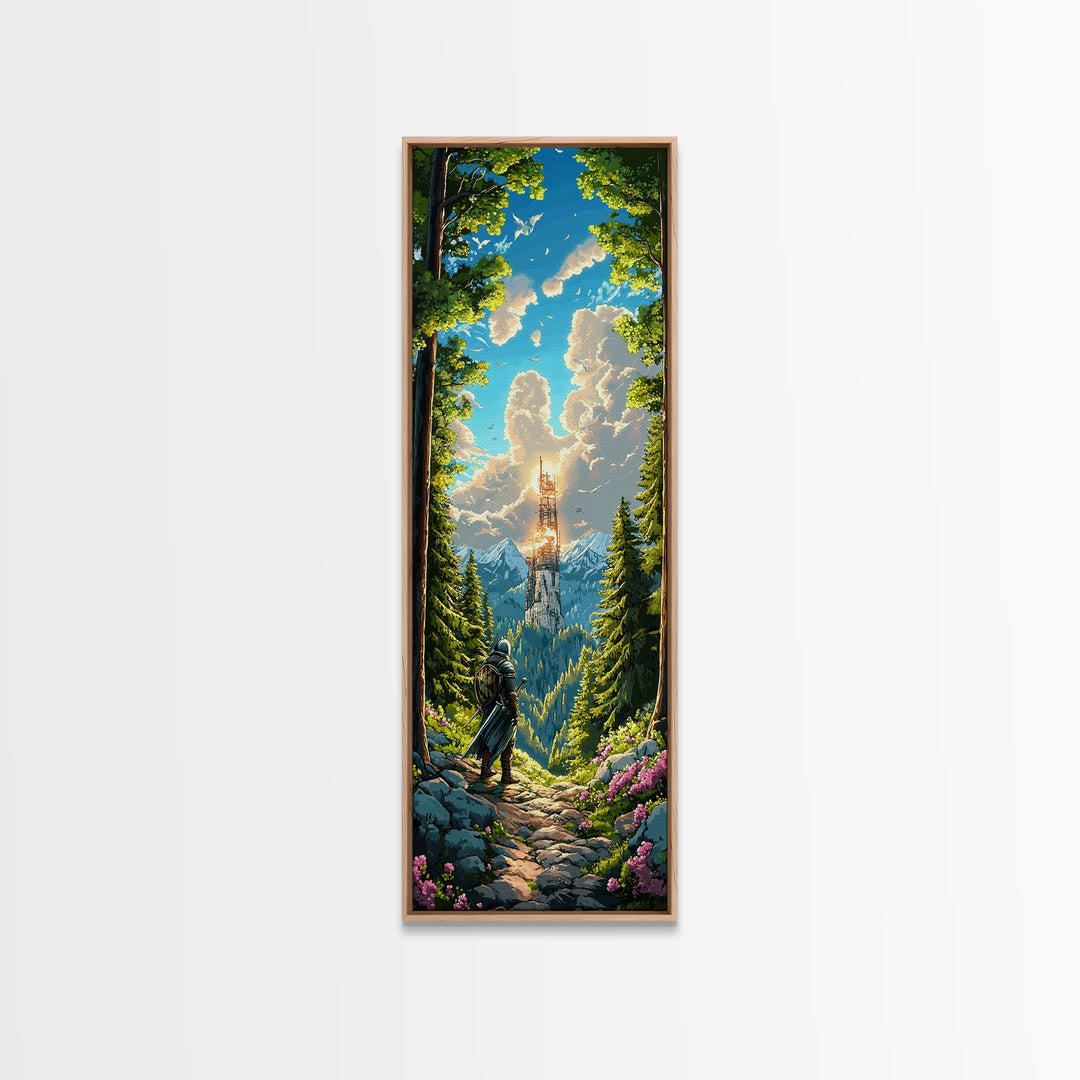 Knight In Sunlit Forest Tower Wall Art, Fantasy Landscape Canvas, Medieval Adventure Decor, Epic Mountain Living Room Print