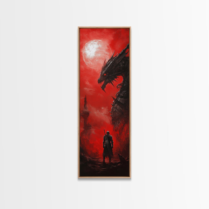 Black Dragon Red Moon Wall Art, Dark Fantasy Canvas Print, Gothic Warrior Decor, Medieval Monster Living Room Artwork Gift