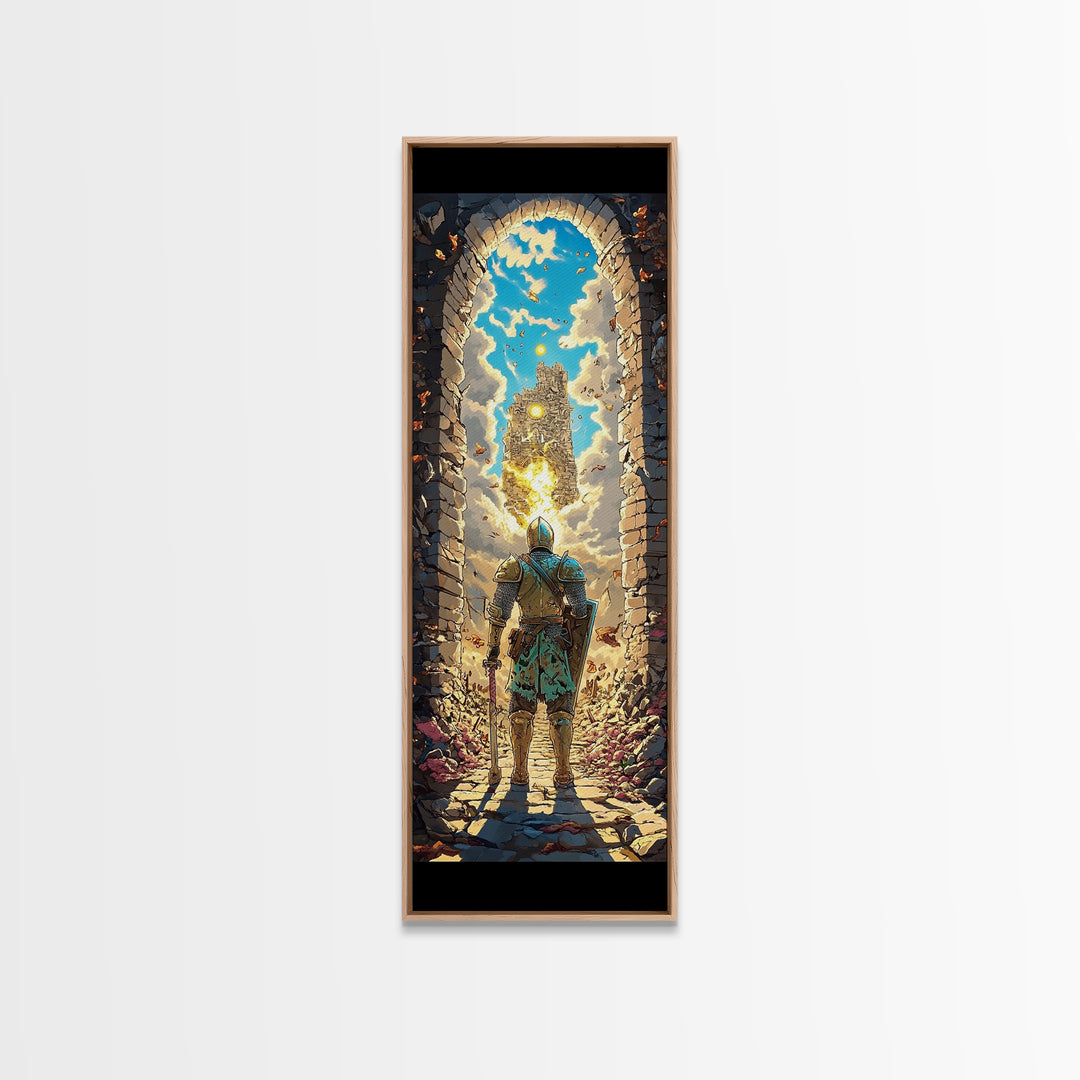 Knight At Golden Portal Framed Canvas Print, Fantasy Castle Wall Art, Medieval Adventure Decor, Magical Entryway Artwork