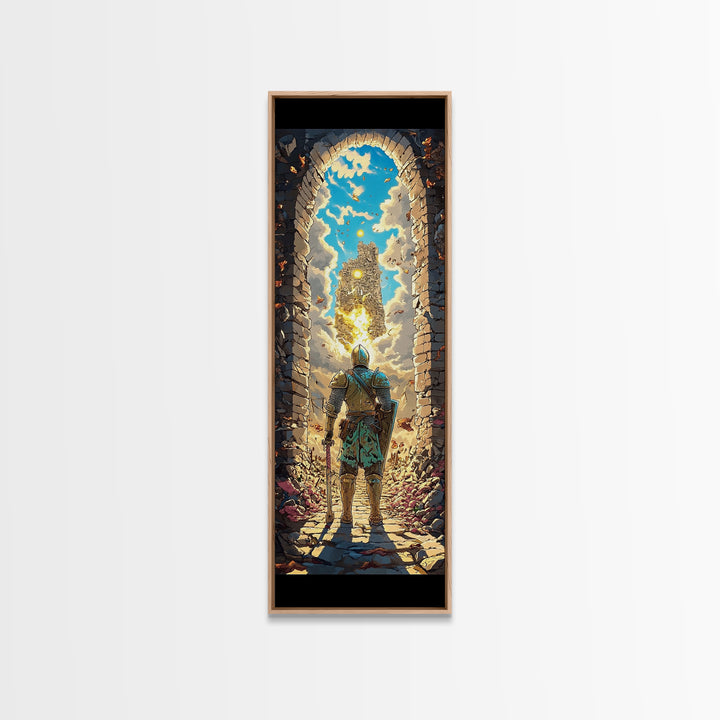 Knight At Golden Portal Framed Canvas Print, Fantasy Castle Wall Art, Medieval Adventure Decor, Magical Entryway Artwork