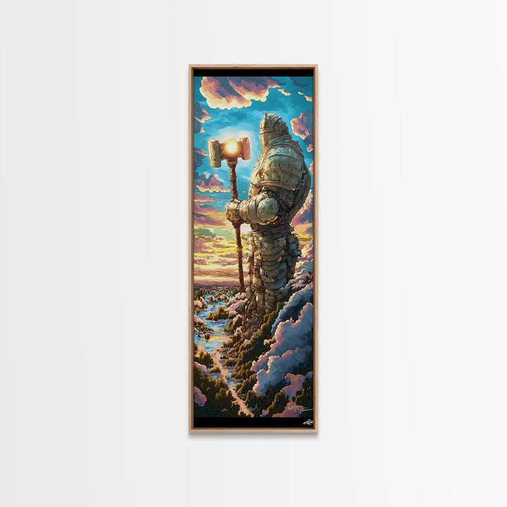 Colossal Stone Knight Canvas Print, Epic Fantasy Guardian Wall Art, Medieval Statue Decor, Sunset Mountain Statement Art