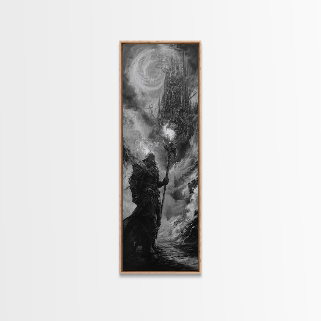 Storm Wizard And Dark Citadel Wall Art, Black And White Fantasy Canvas Print, Gothic Sorcerer Decor, Medieval Office Art