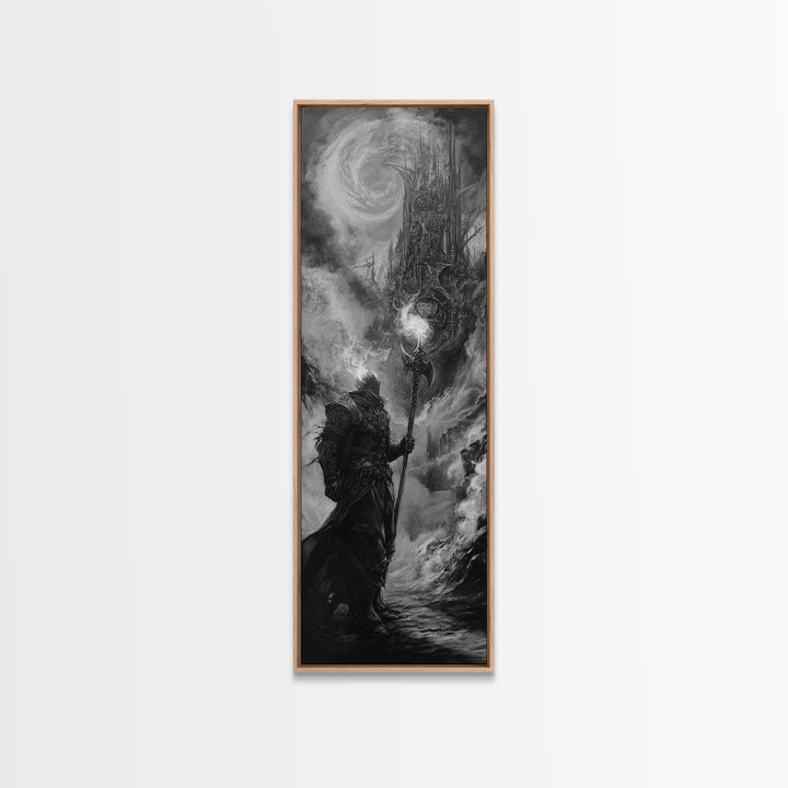 Storm Wizard And Dark Citadel Wall Art, Black And White Fantasy Canvas Print, Gothic Sorcerer Decor, Medieval Office Art