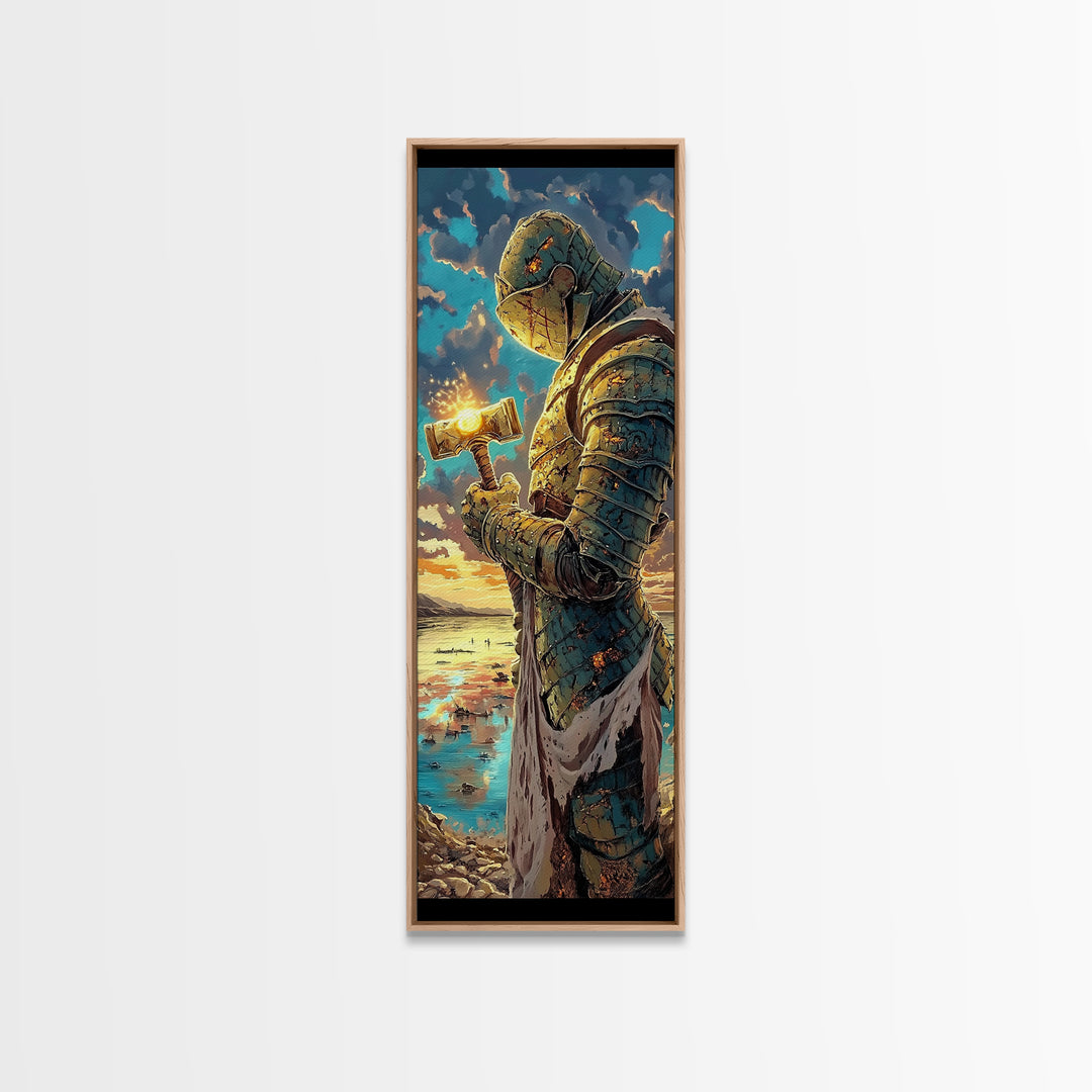 Sunset Templar Knight Holding Glowing Hammer, Fantasy Framed Canvas Print, Medieval Coastal Wall Decor, Gift For Him, Living Room Art