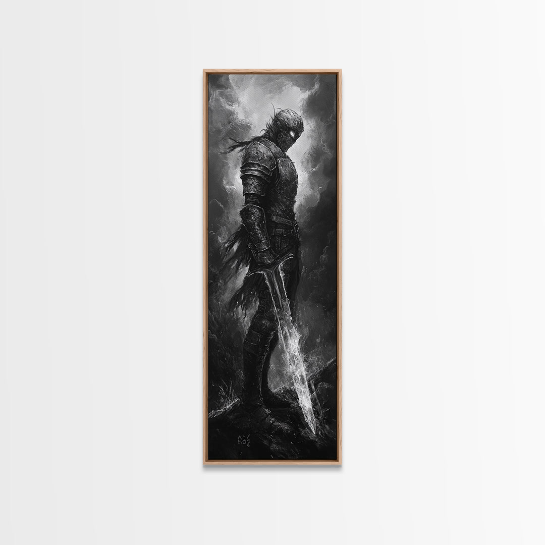 Storm Worn Dark Knight With Lightning Sword, Black And White Canvas Print, Gothic Fantasy Wall Art, Moody Medieval Decor