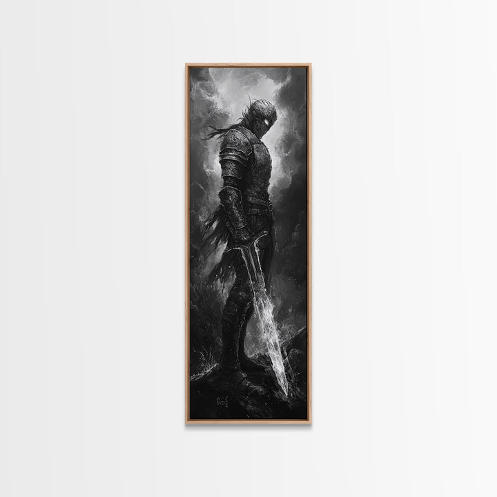 Storm Worn Dark Knight With Lightning Sword, Black And White Canvas Print, Gothic Fantasy Wall Art, Moody Medieval Decor