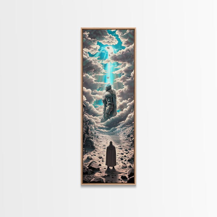 Floating Armored Knight Ascending Through Clouds, Celestial Fantasy Framed Canvas Print, Surreal Wall Art, Dreamy Room Decor