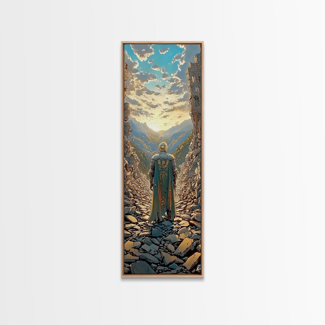 Knight Overlooking Golden Mountain Valley, Medieval Fantasy Canvas Print, Landscape Wall Art, Adventure Home Decor Gift For Him