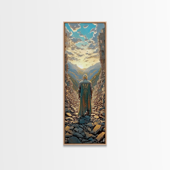 Knight Overlooking Golden Mountain Valley, Medieval Fantasy Canvas Print, Landscape Wall Art, Adventure Home Decor Gift For Him