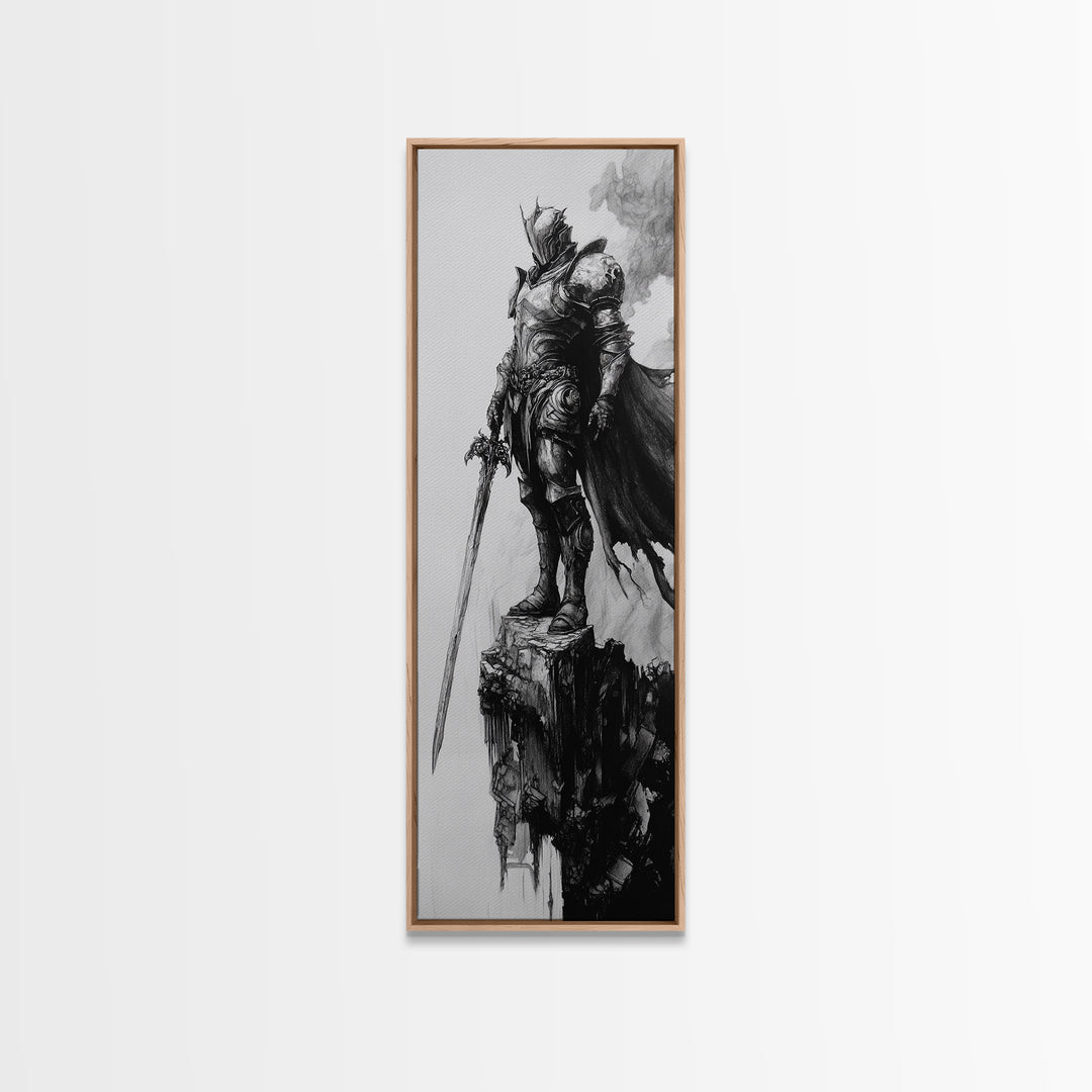 Skeletal Knight On Crumbling Cliff With Long Sword, Black And White Wall Art, Gothic Fantasy Canvas Print, Dark Medieval Decor